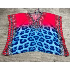 White Mark Kaftan Top Womens OS Pink Blue Leopard Jeweled‎ Lace Up Boho Batwing